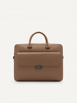 Pedro Henry Textured Leather Briefcase Men Business Bags Taupe | Q9Q-2509