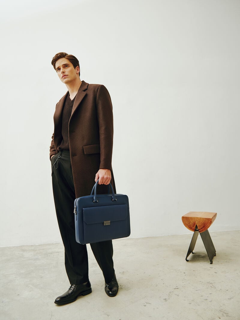 Pedro Henry Textured Leather Briefcase Men Business Bags Navy | Q9Q-2507